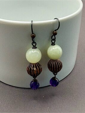 Handcrafted Green Jade & Purple Amethyst Drop Earrings with Copper Accents